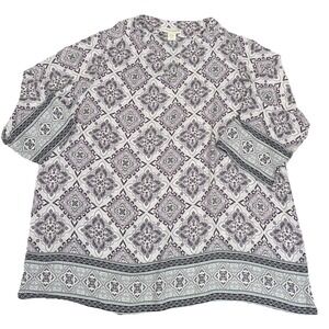 Cynthia Rowley Tunic Women's Size 2X Paisley 3/4 Sleeve Pullover Pink Gray Sheer